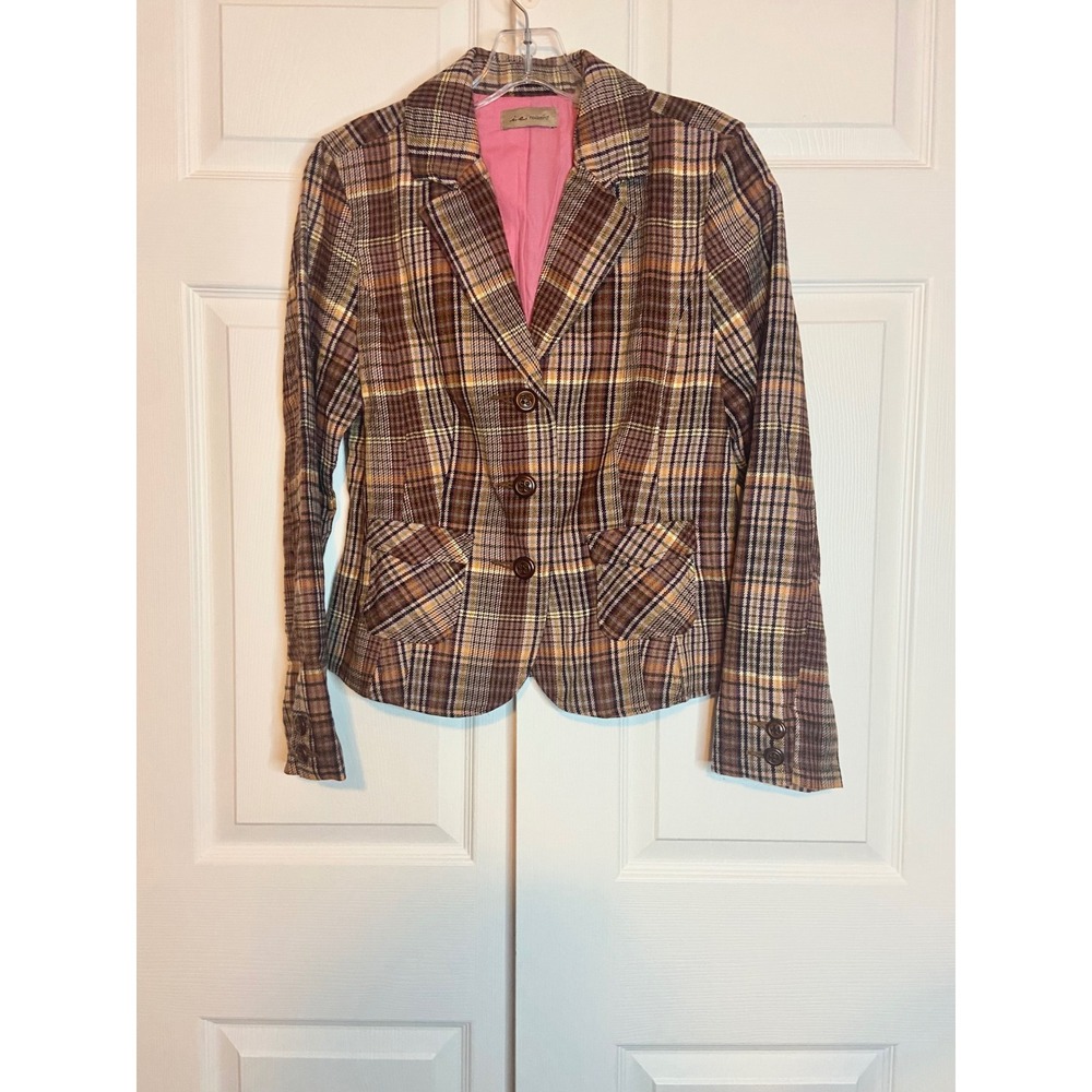 i.e. relaxed Preppy Brown Orange Plaid Wool Blend Blazer Jacket Size M Pink Line